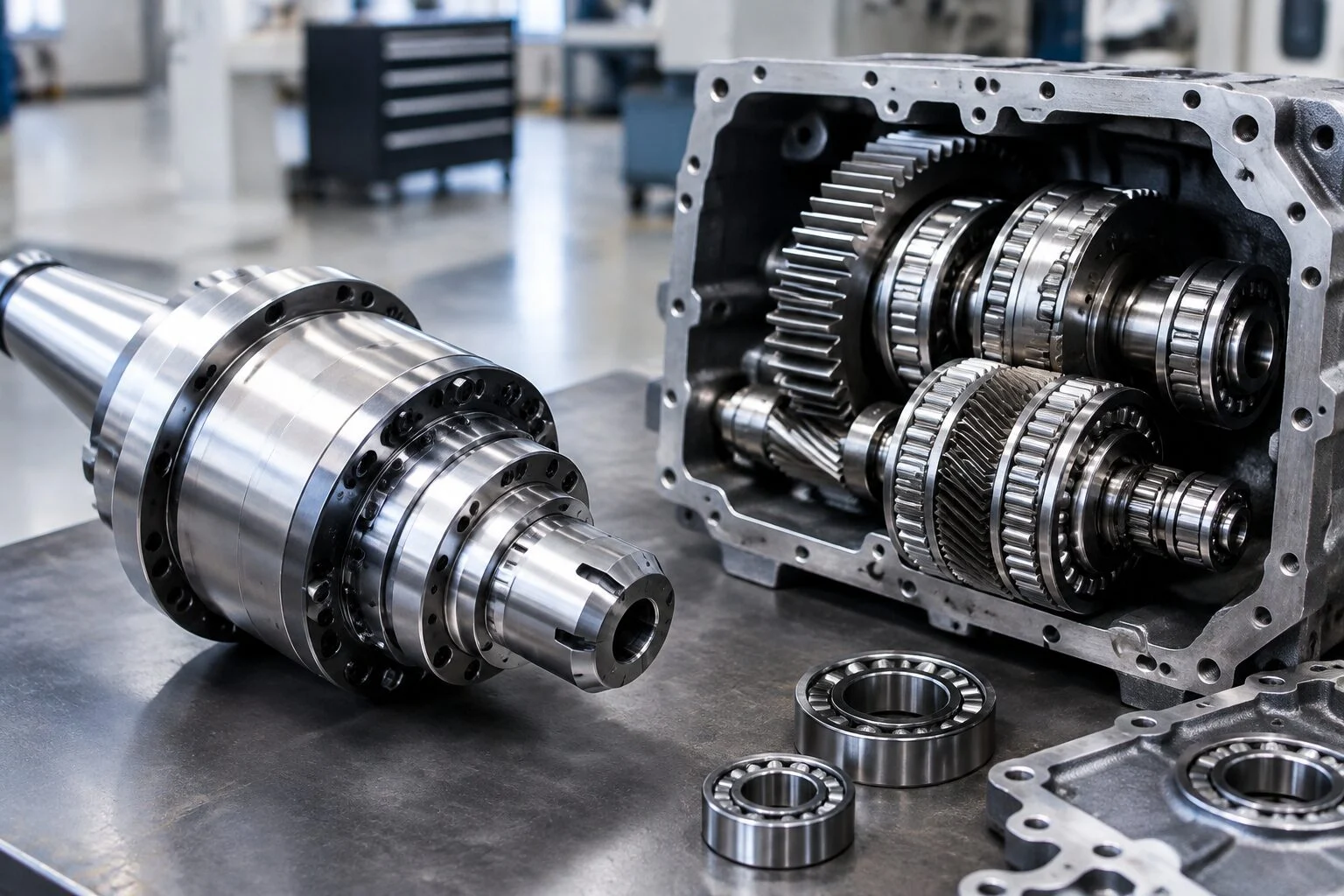 Precision machine tool spindle next to an opened industrial gearbox with cylindrical roller bearings
