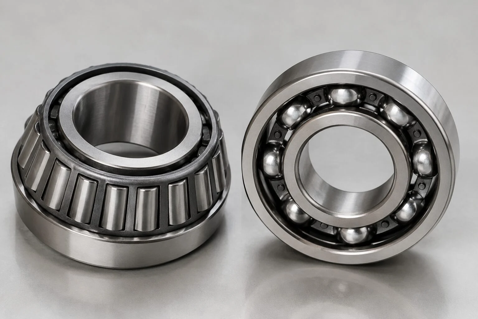 Close-up of a tapered roller bearing and a deep groove ball bearing side by side