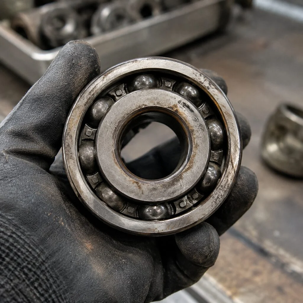Worn industrial bearing with faded stamping held in a technician's gloved hand