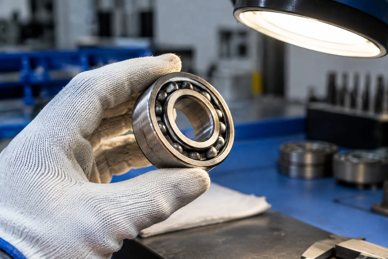 Bearing held in a gloved hand under a work lamp, side face toward the camera