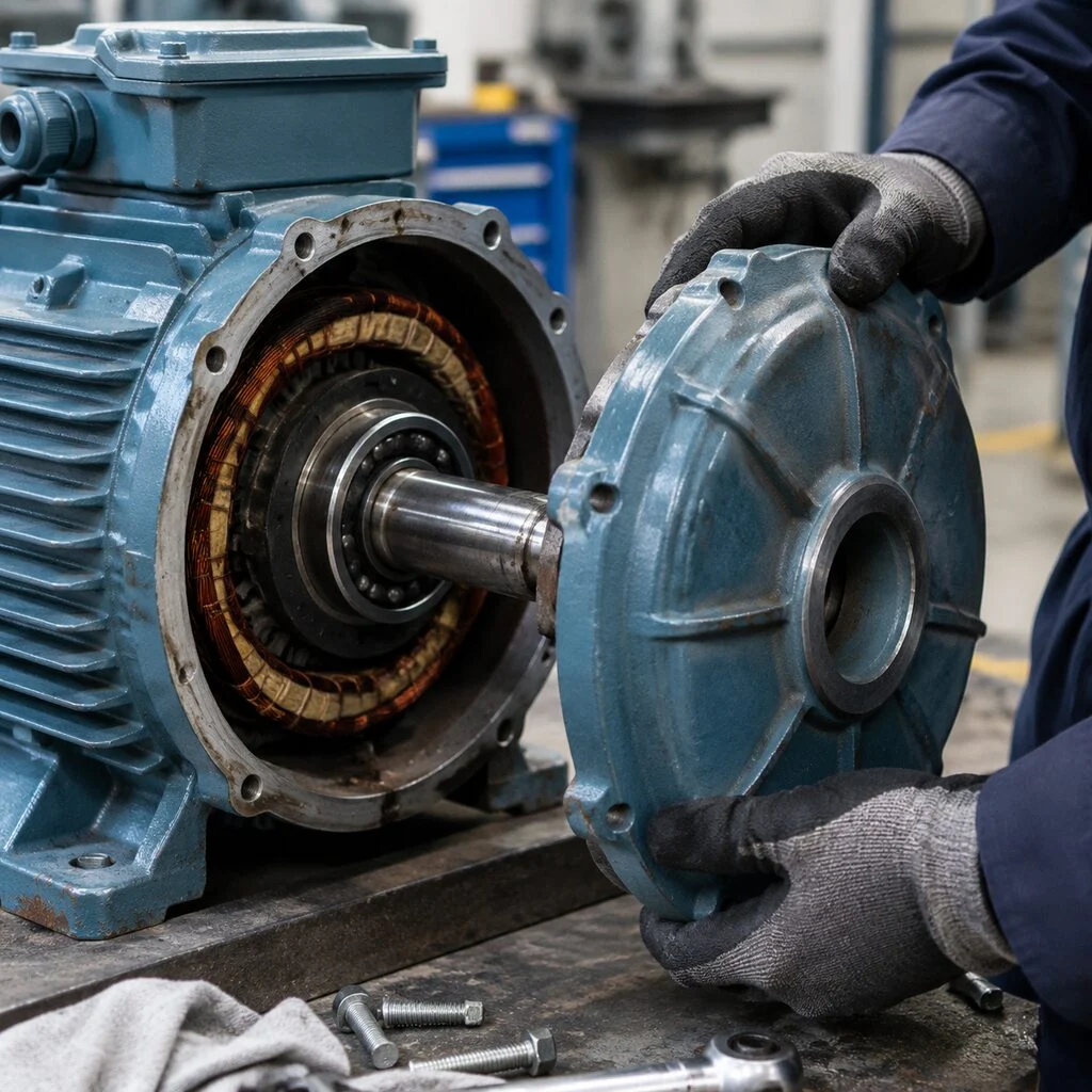 Maintenance technician removing an electric motor end cover during a breakdown repair