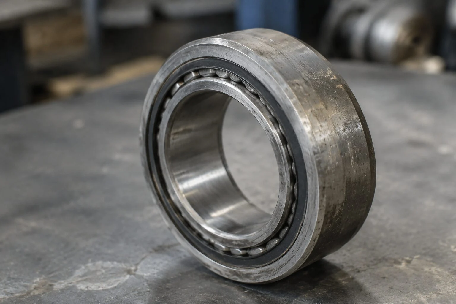 Close-up of a worn steel bearing ring with faded markings on its side face