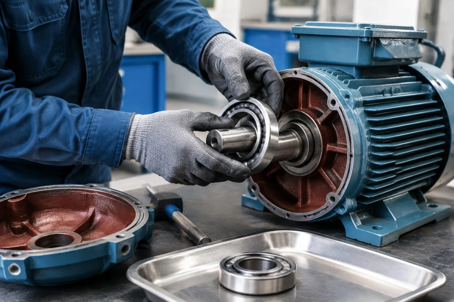 Maintenance technician replacing a bearing on an industrial electric motor