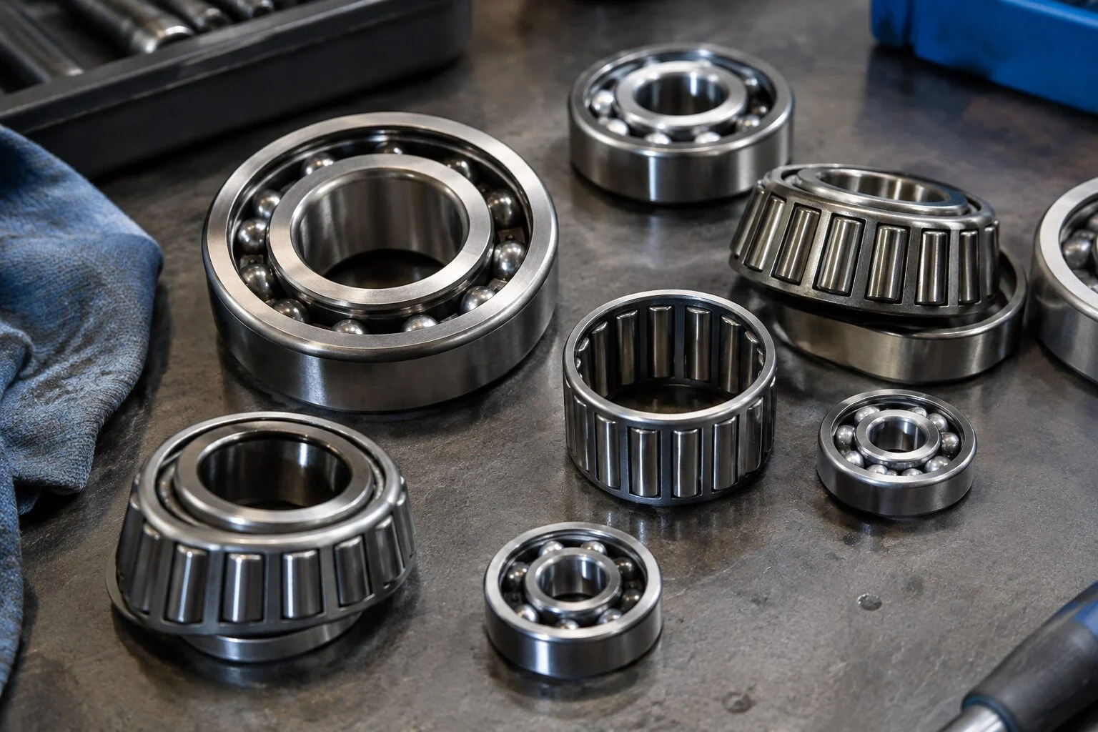 Close-up of steel ball bearings and roller bearings laid out on a maintenance workbench