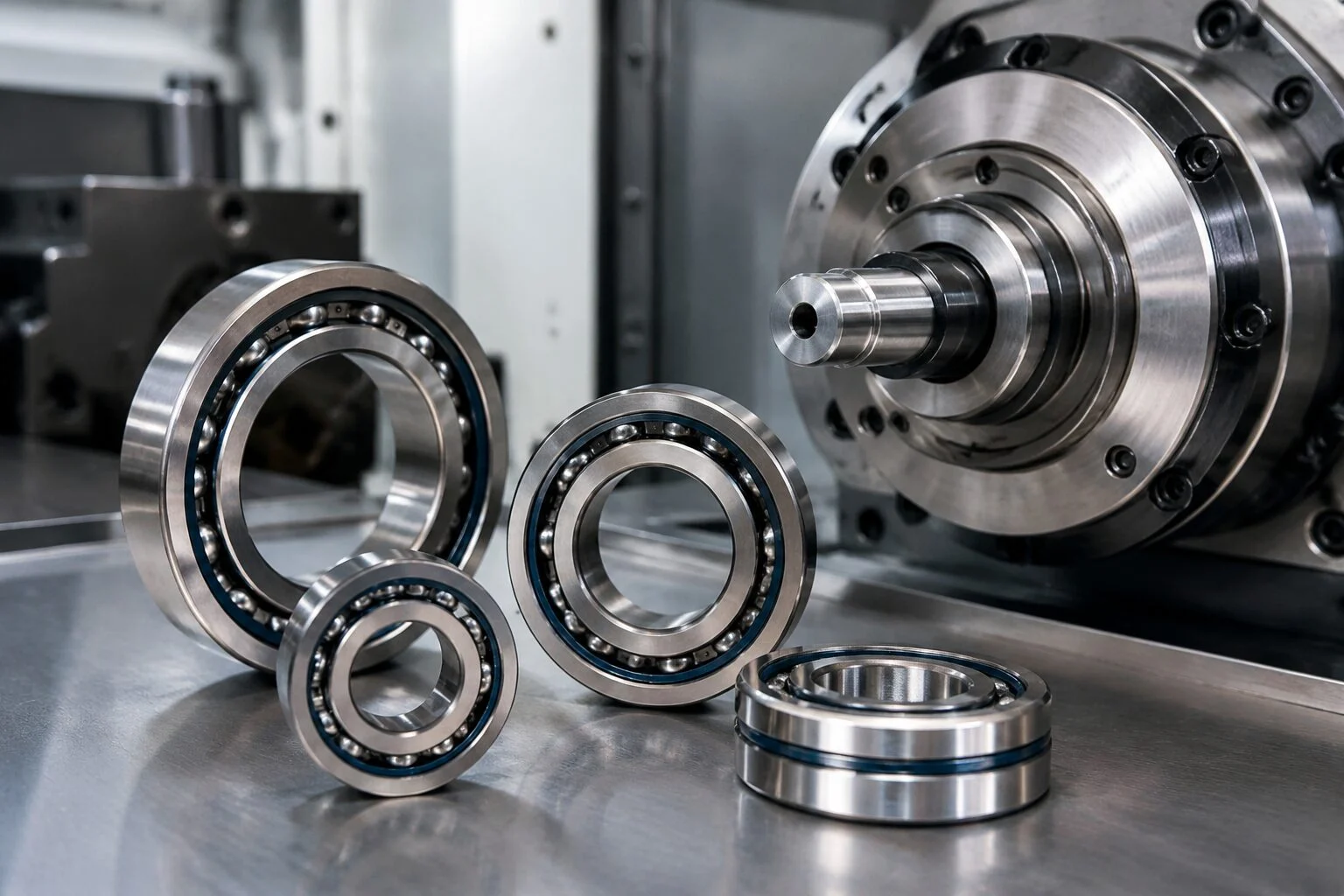 Precision angular contact bearings set out next to a machine tool spindle