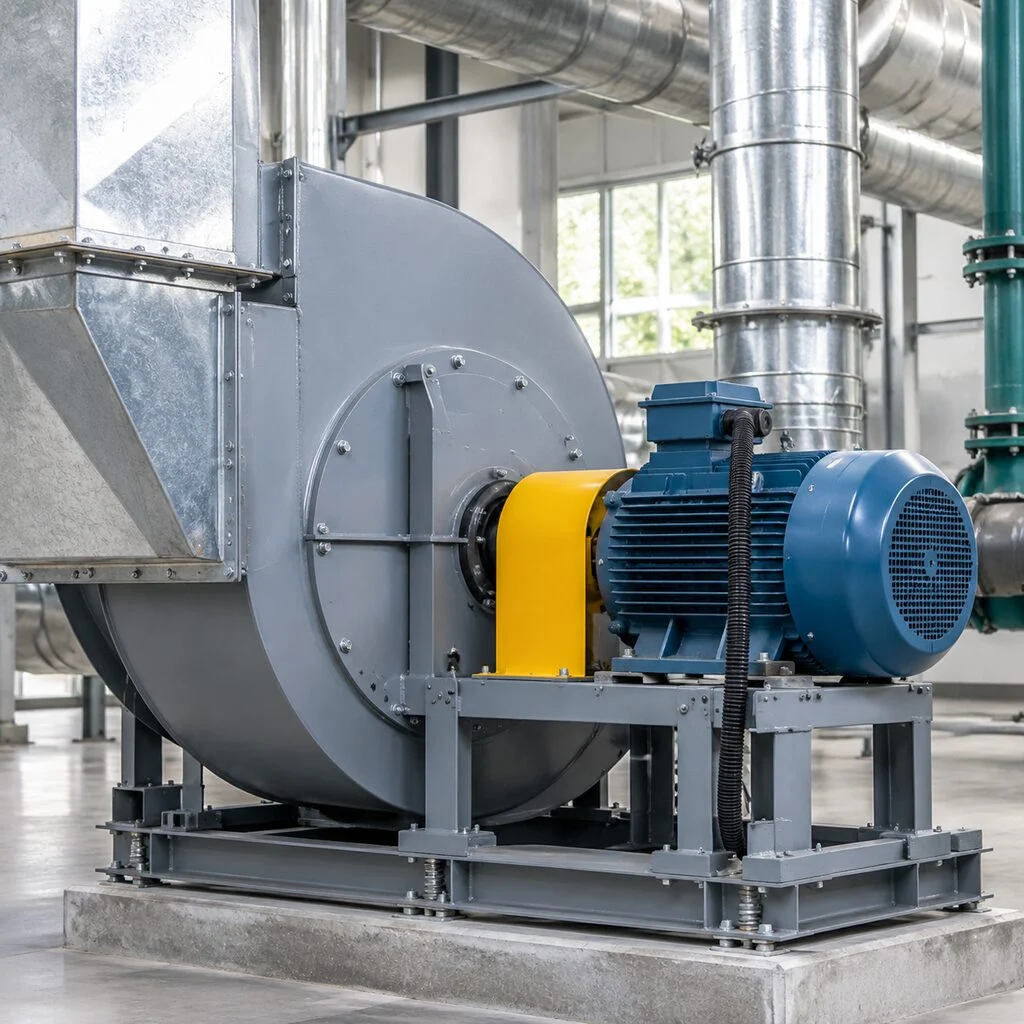 Industrial fan and electric motor assembly in a plant room