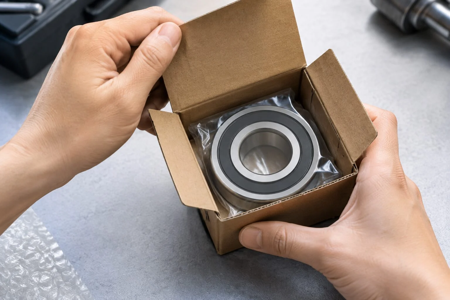 Hands opening a bearing box to check the bearing inside