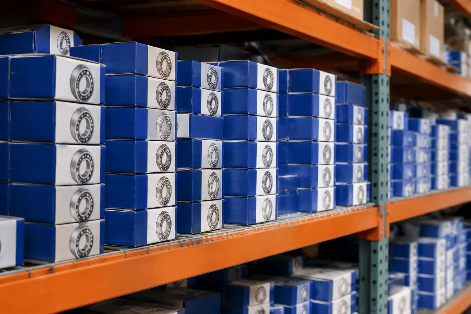 Boxed bearings in original packaging stacked on warehouse shelves