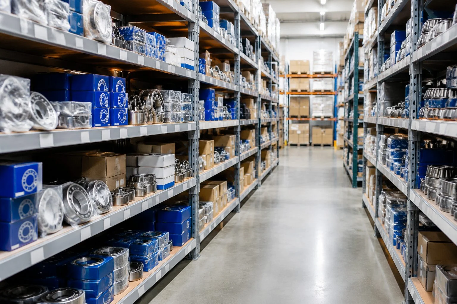 Warehouse aisle with shelves of packaged ball and roller bearings ready for order picking