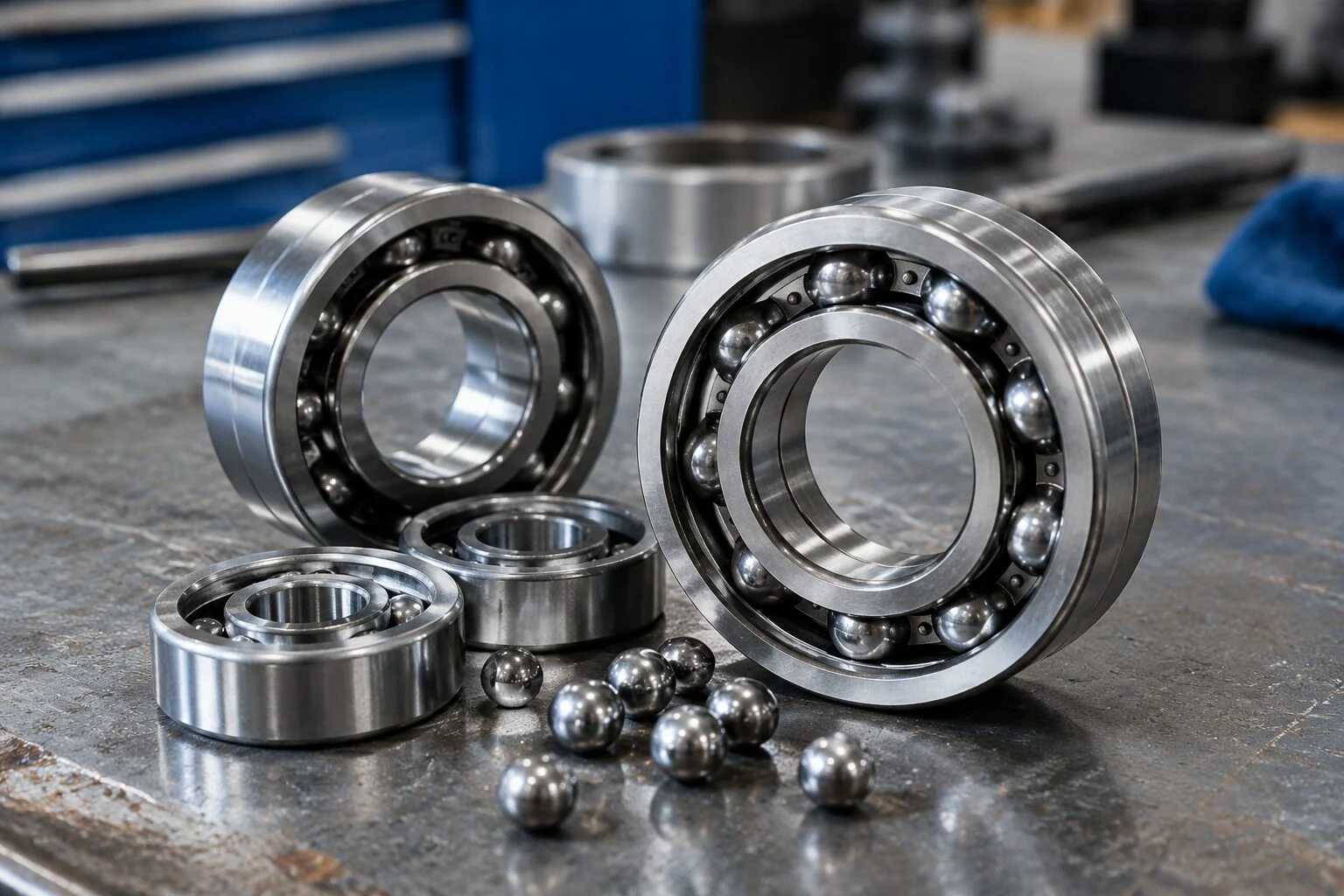 Close-up of steel ball bearings arranged on a workshop bench