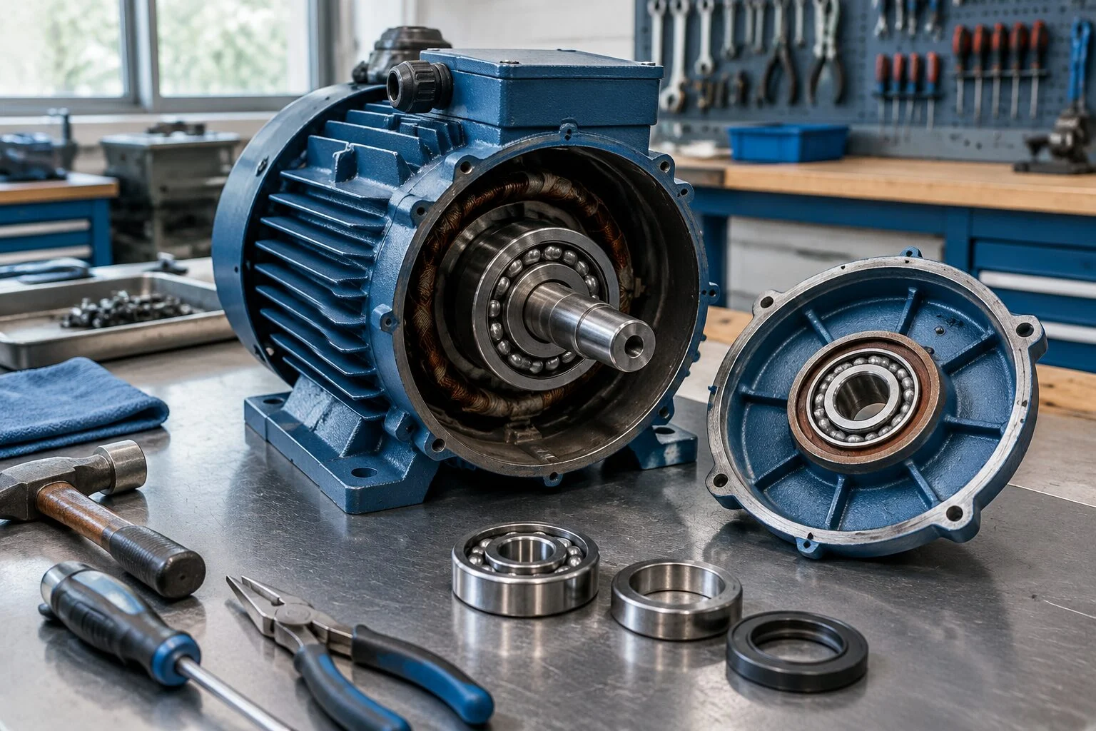 Maintenance workshop with an electric motor opened on a workbench for bearing replacement