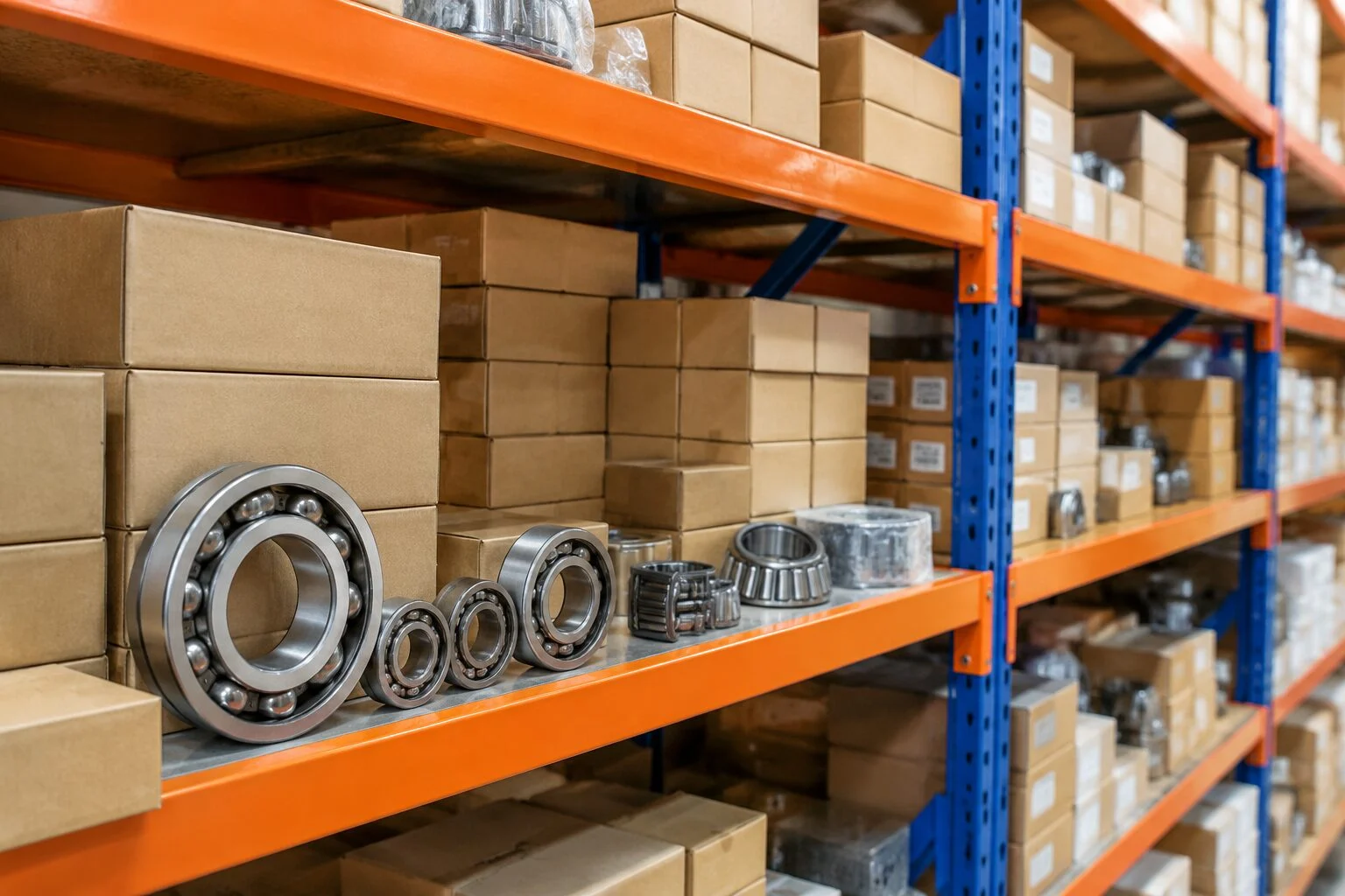 Boxed industrial ball and roller bearings stacked on warehouse shelves
