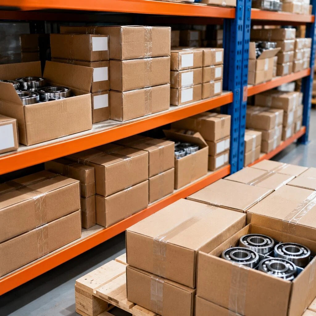 Boxed industrial bearings stacked on warehouse shelves ready for consolidated shipment