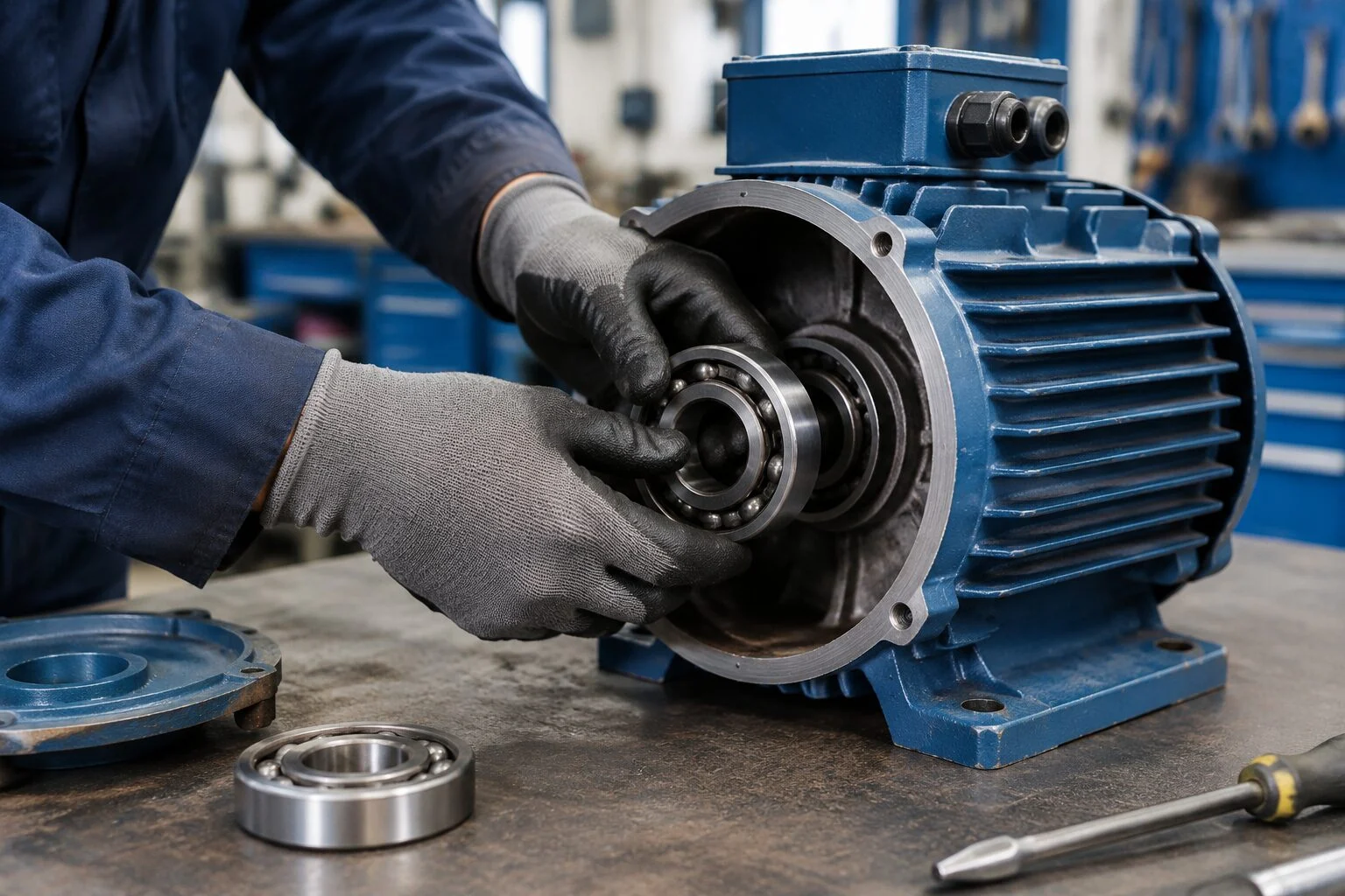 Maintenance technician fitting a replacement ball bearing into an electric motor housing in an industrial workshop