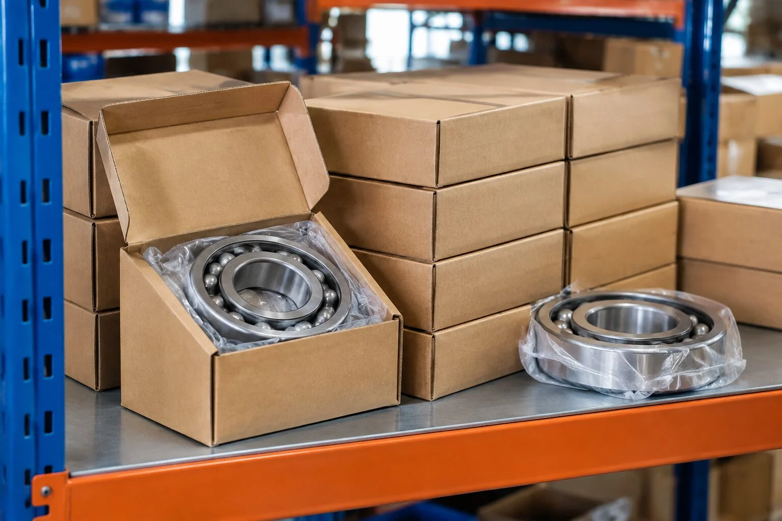 Boxed industrial bearings in original packaging stacked on a warehouse shelf