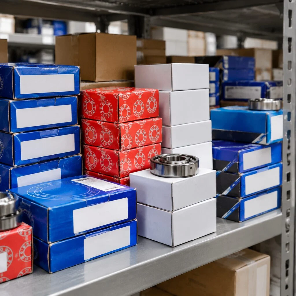 Boxed industrial bearings from several brands packed together on a warehouse shelf