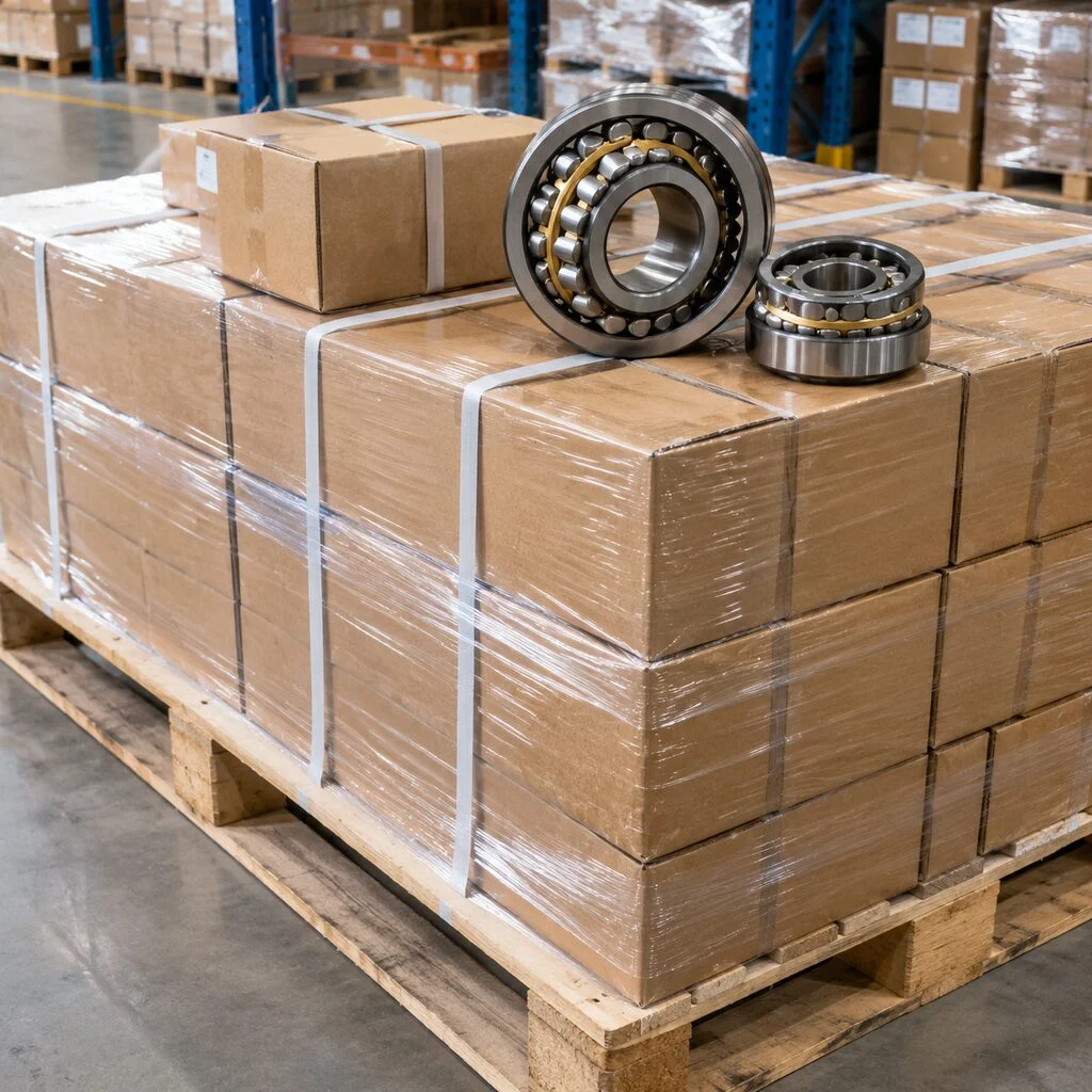 Boxed spherical roller bearings packed on a pallet in a distribution warehouse
