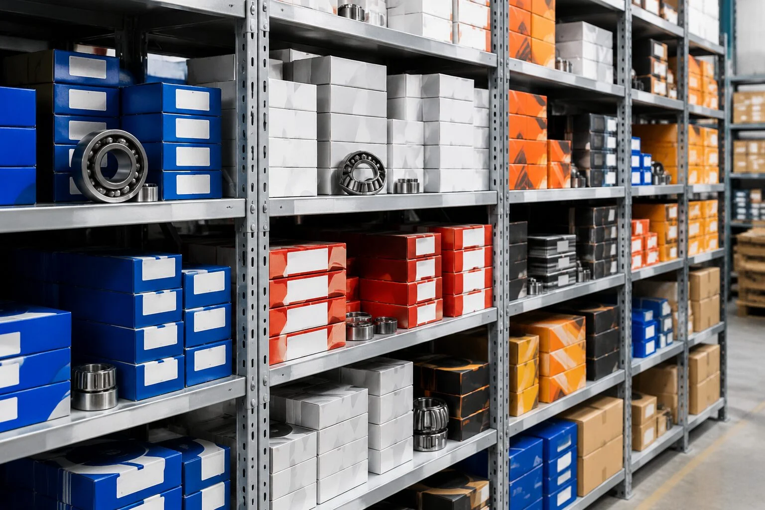 Warehouse shelves stacked with boxed industrial bearings from several brands