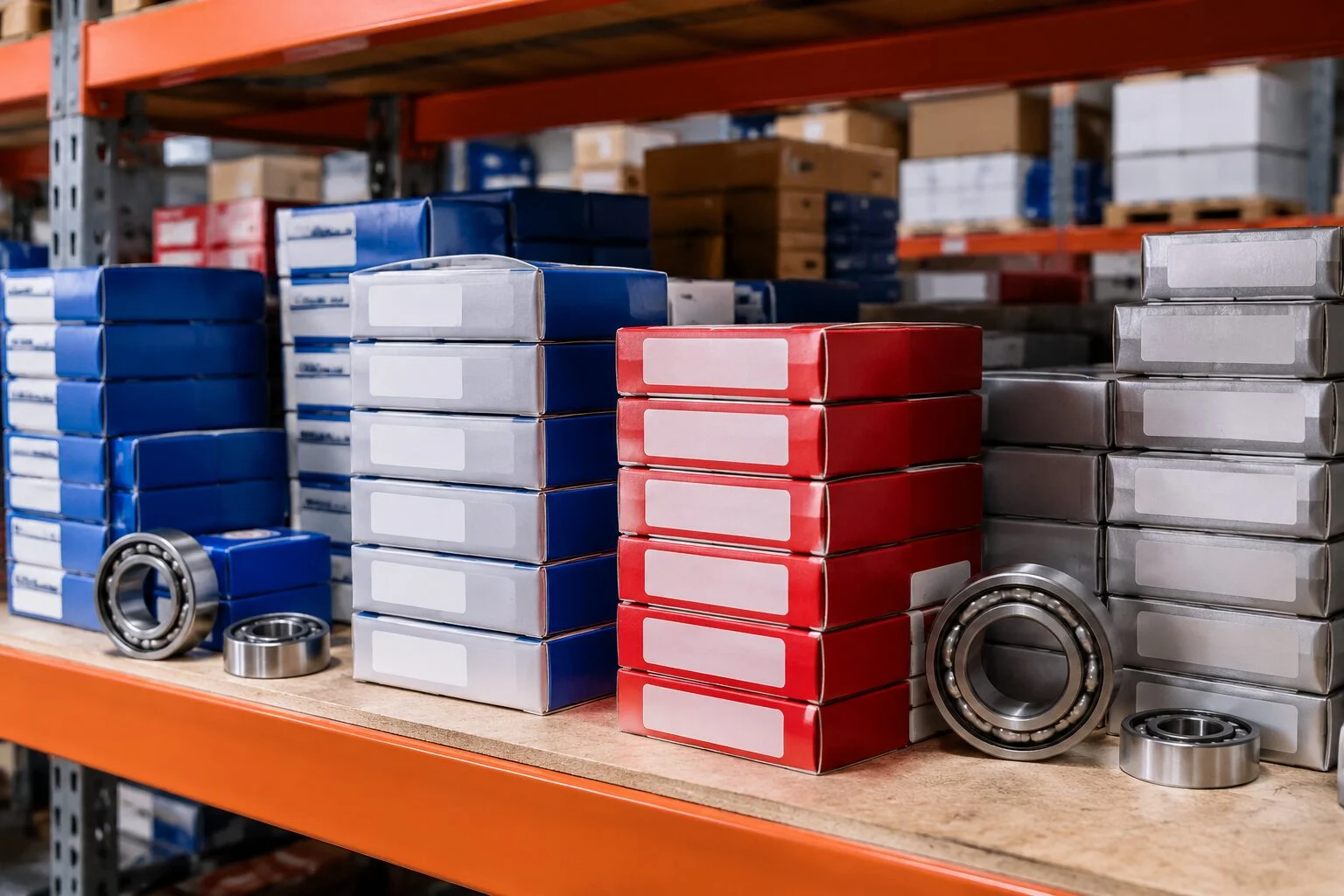 Boxed bearings from several brands stacked on a warehouse shelf