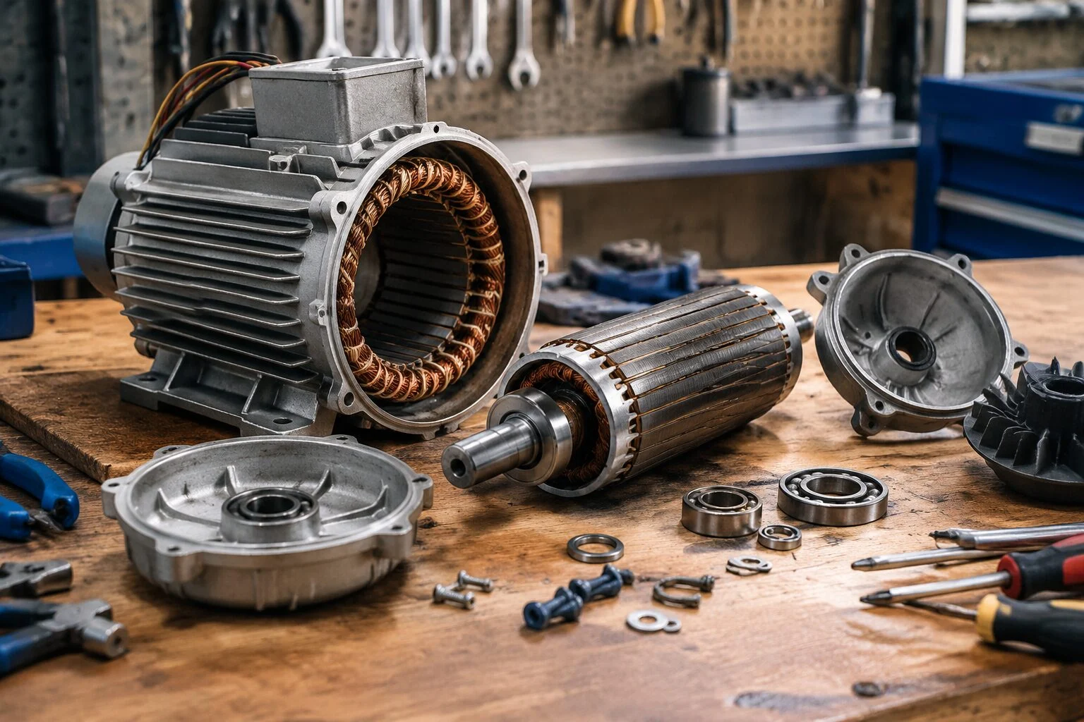 Repair workshop bench with dismantled motor parts
