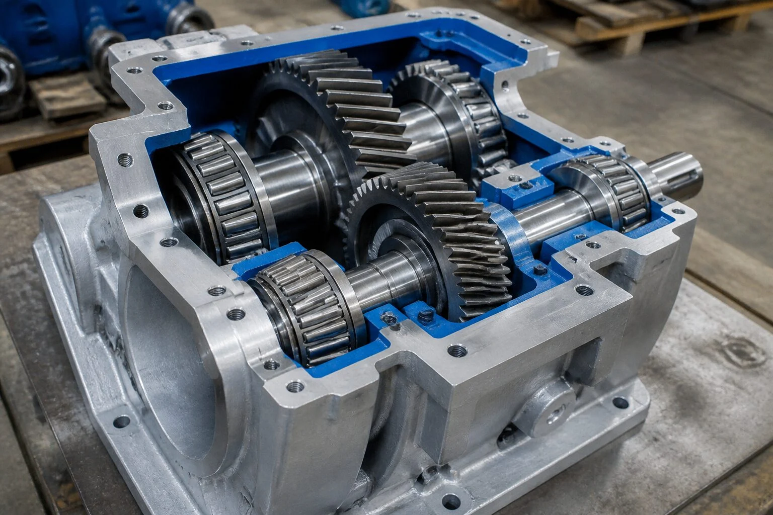 Open industrial gearbox with roller bearings on the shafts