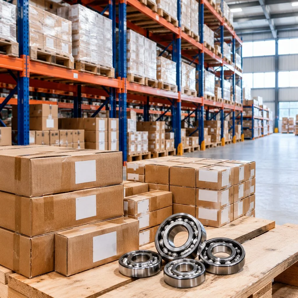 Warehouse racks stocked with boxed bearings ready for dispatch