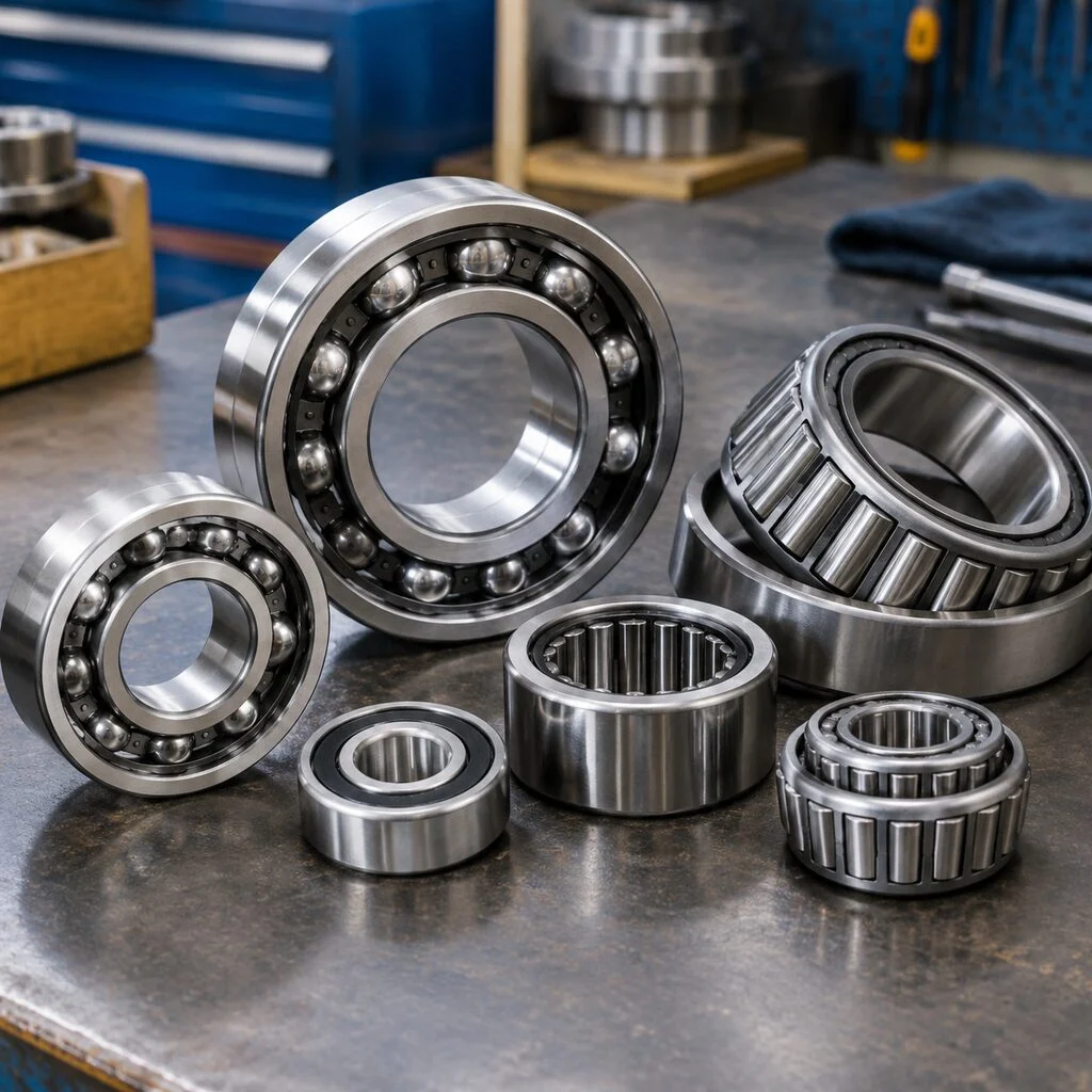Assorted industrial ball and roller bearings on a workshop bench